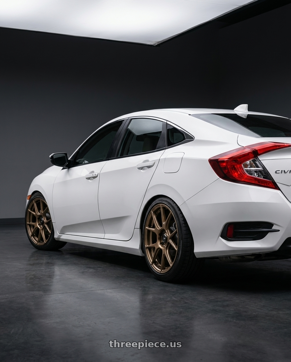 2017 Honda civic with Konig Ampliform 5x120 18x8.5+32 Gloss Bronze wheels rear three quarter view square tires