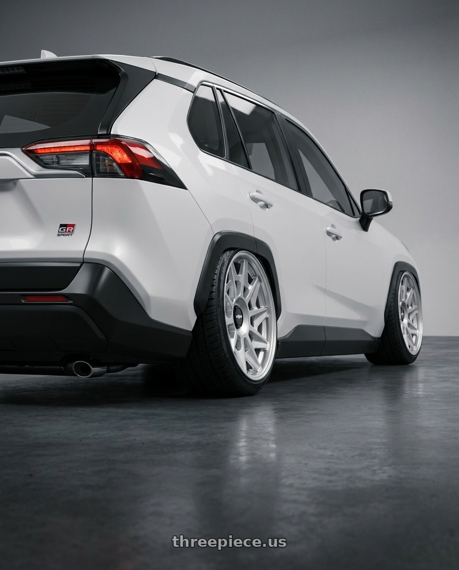 2026 Toyota rav4 GR sport with Rotiform 1PC R124 CVT 5X112/5X120 20X8.5 +35 GLOSS SILVER wheels rear three quarter view extreme stretch tires