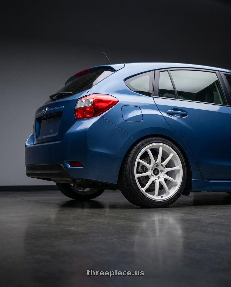 2016 Subaru Impreza  with Advan RCIII 5x114.3 18x8.5+53 White wheels rear three quarter view square tires