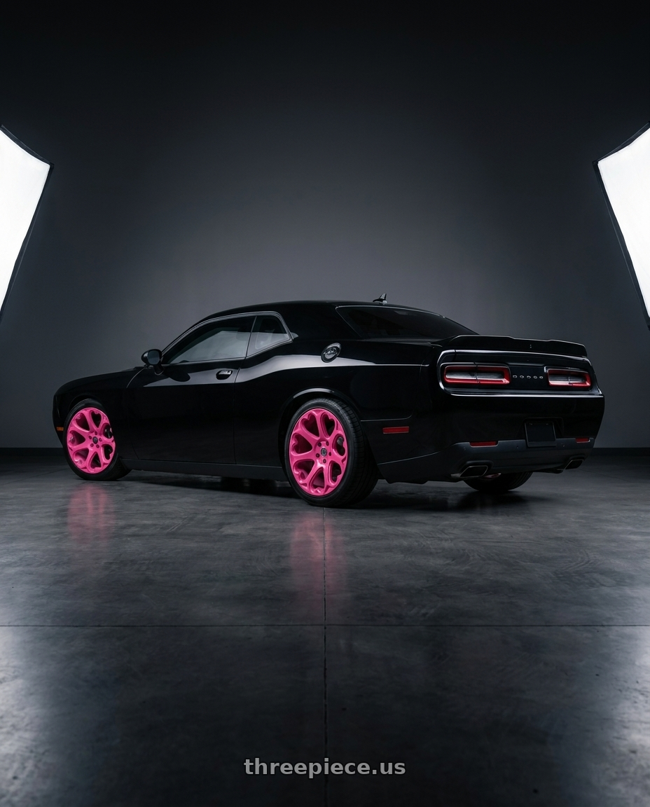 2015 dodge challenger with HERITAGE WHEEL KOKORO MONOC 5x114.3 17x8 +25 PINK wheels rear three quarter view square tires