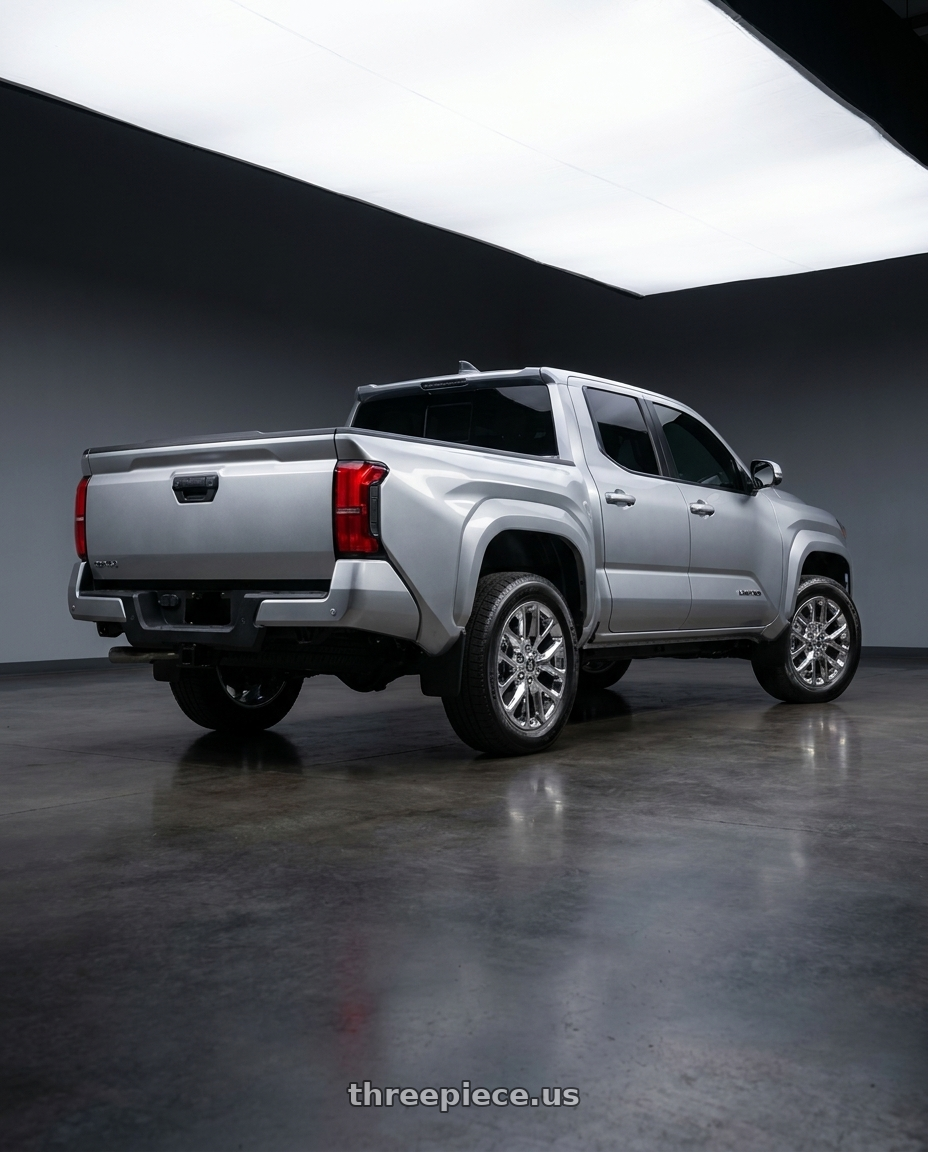 2024 Toyota Tacoma with Performance Replicas PR177 6x139.7 20x9 +24 Chrome wheels rear three quarter view square tires