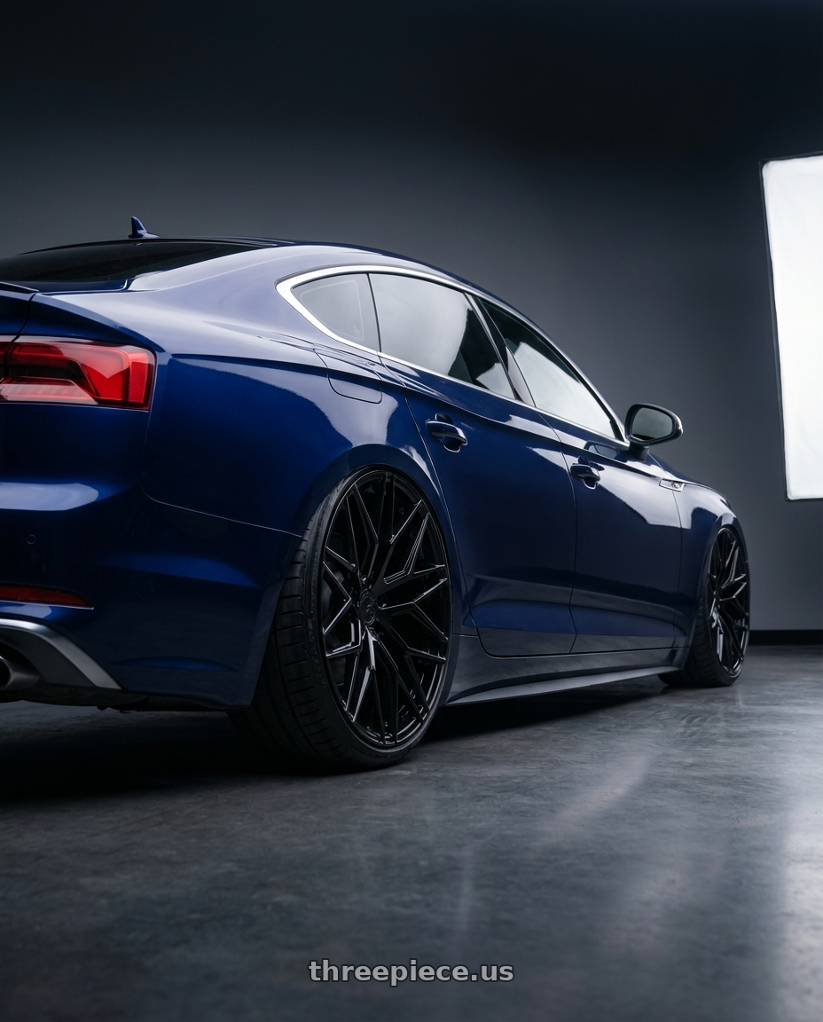 2014 Audi S5 B8 with Avant Garde Wheels M520R 5X112 20x10 +25 Gloss Black wheels rear three quarter view slight stretch tires