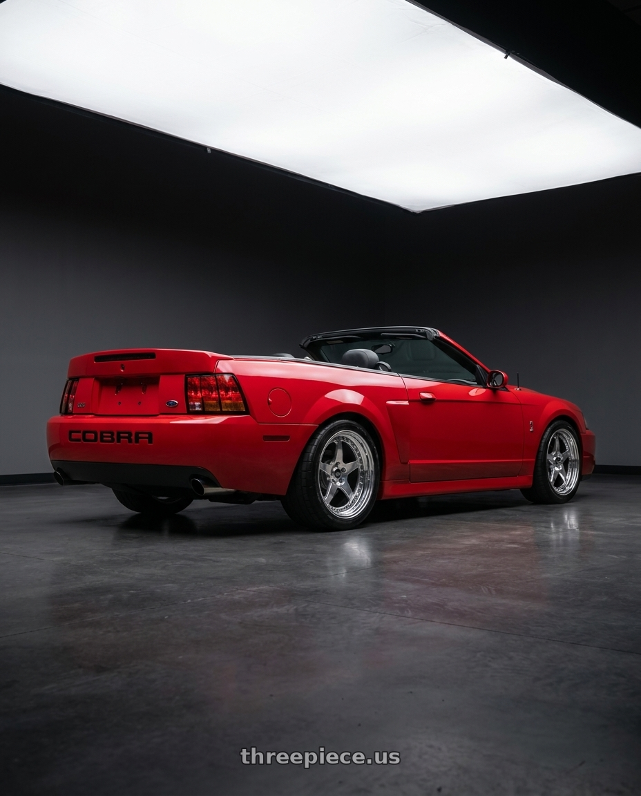 2003 ford mustang Cobra with CCW SA50 4x100 16x7 +0 Polished wheels rear three quarter view square tires
