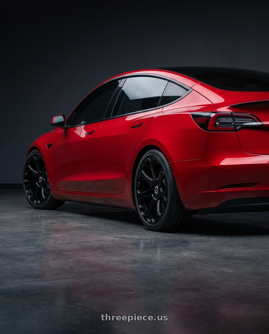 2018 Tesla model 3 with Heritage Wheel Kokoro MonoC 5X114.3 19x8.5+35 Black wheels rear three quarter view square tires