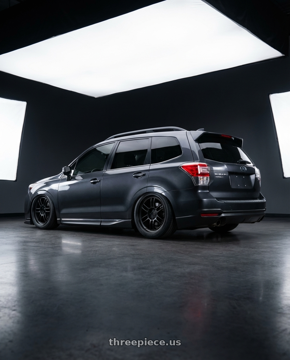 2017 Subaru forester xt touring Dark Grey Metallic with Enkei RPF1 5x100 18x9.5+38 Tarmac Black wheels rear three quarter view slight stretch tires
