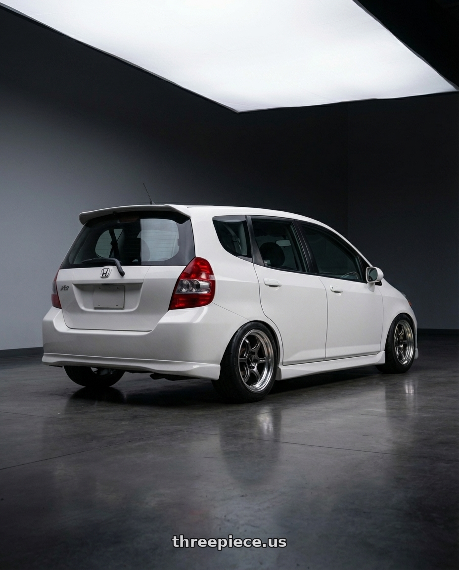 2007 Honda fit  with Advan Racing RG-D2 4x100 15x8.0 +35 MACHINING & BLACK GUNMETALLIC wheels rear three quarter view meaty tires