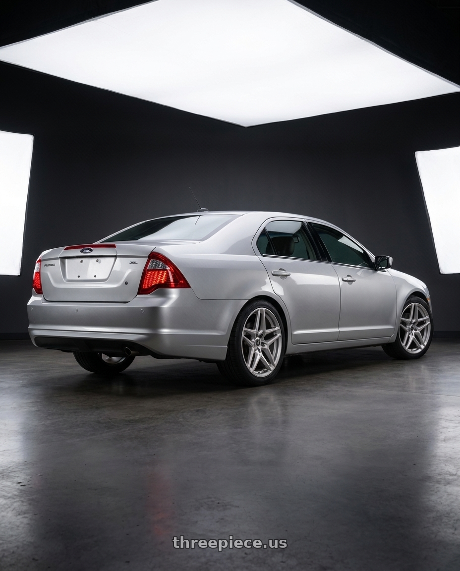 2012 Ford Fusion SEL with Heritage Wheel EBISU MonoC 5x114.3 18x8.5+35 Silver wheels rear three quarter view square tires