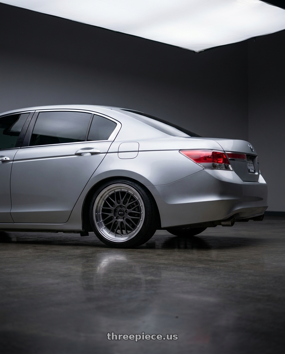 2012 Honda Accord Sedan with Vors VR8 5x114.3 18x8  +35 Hyper Black Machine Lip Chrome Rivet wheels rear three quarter view square tires
