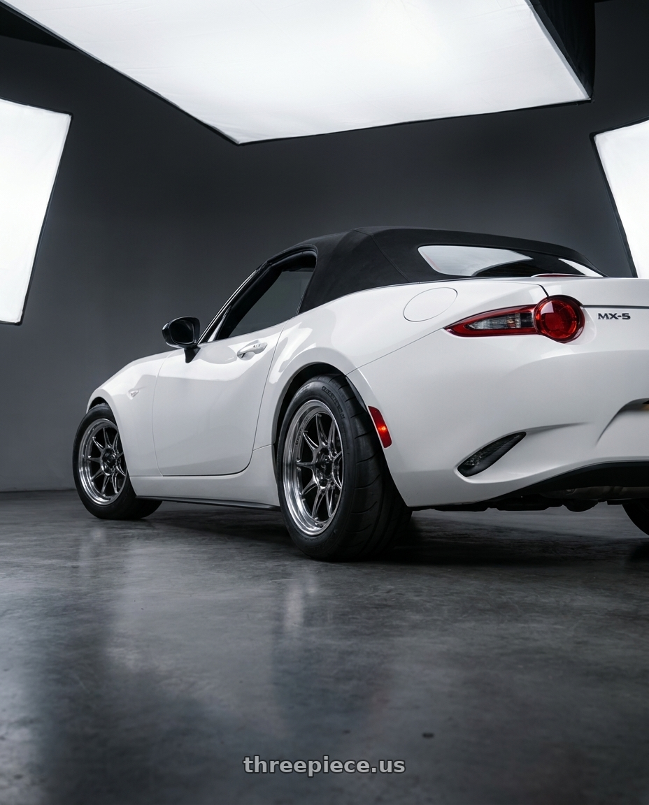 2024 nd mx5 with Konig Countergram 4x100 15x8+25 Hyper Chrome / Machined Lip wheels rear three quarter view meaty tires