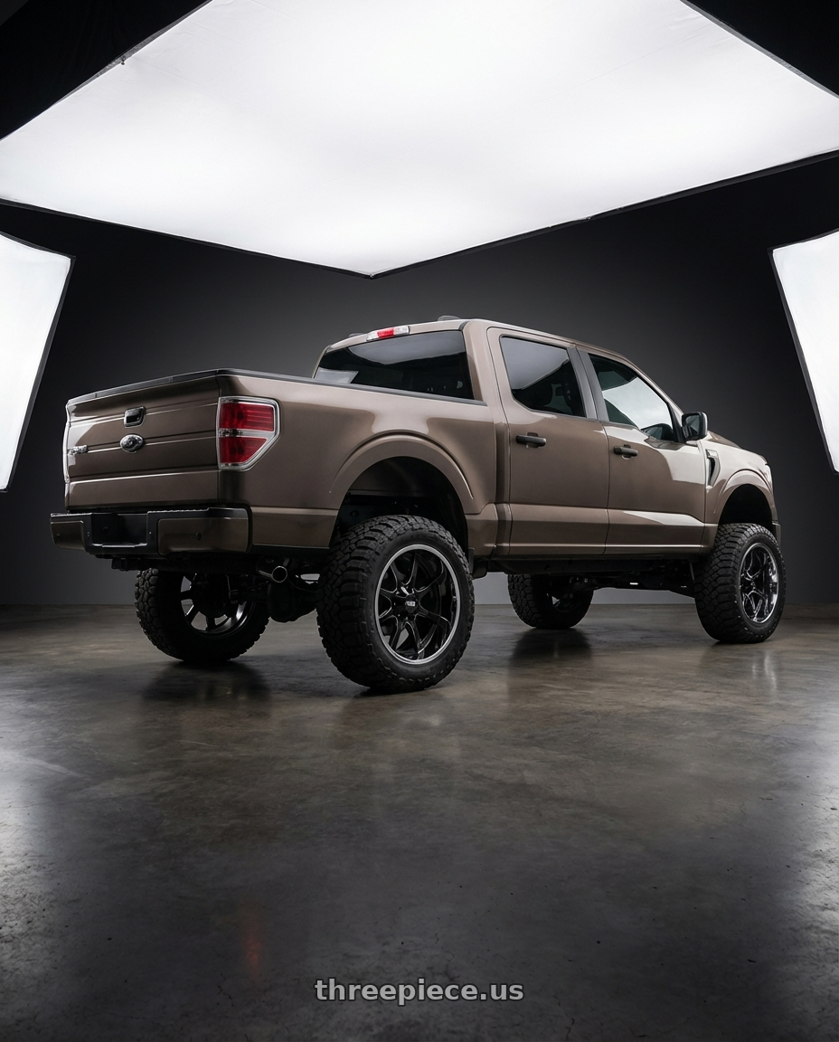 2013 Ford F-150 with Moto Metal MO201 6X135/6X139.7 22X12 -44 GLOSS BLACK MILLED CENTER CHROME LIP wheels rear three quarter view meaty tires