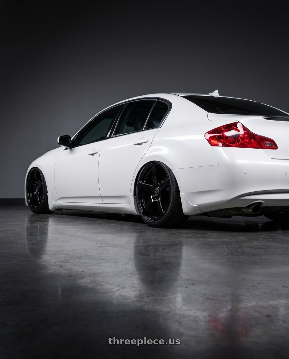 2012 Infiniti G37 with Forgestar CF5 5x114.3 19x10 +42 Gloss Black wheels rear three quarter view slight stretch tires