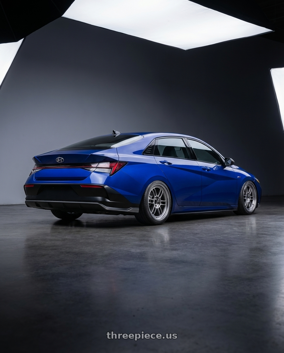 2025 Elantra N Line  with Enkei RPF1 5x100 16x7+35 SBC wheels rear three quarter view square tires