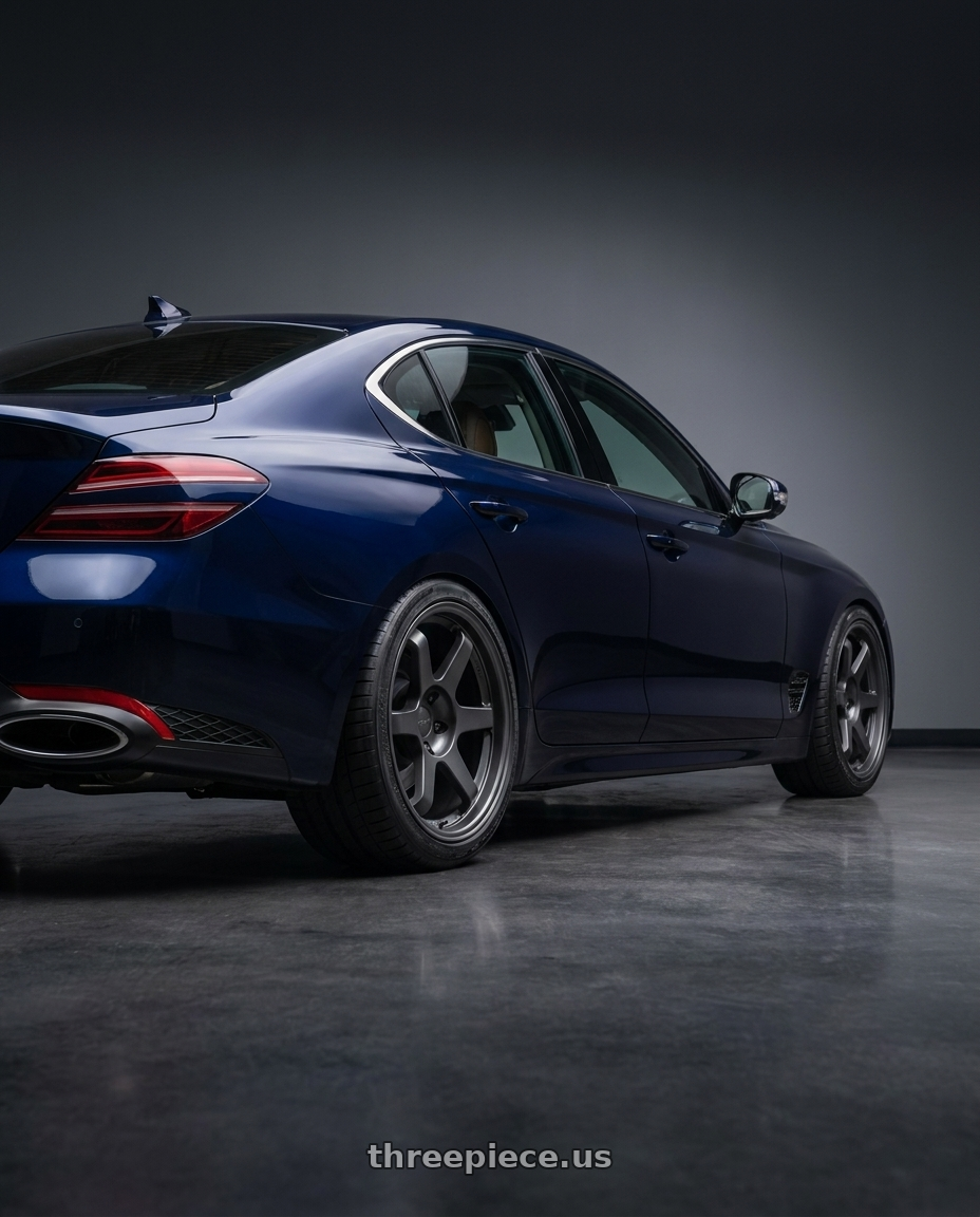 2023 Genesis G70 with 9six9 SIX-1 5x114.3 19X8.5 +35 Carbon Gray wheels rear three quarter view square tires