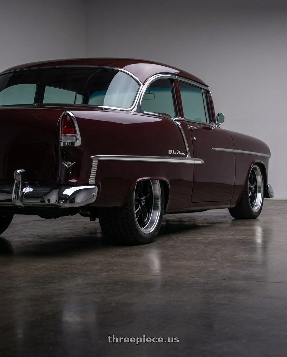 1955 chevrolet  belair with American Racing AR105 TORQ THRUST M 5X114.3 17X9 +24 GLOSS BLACK W/ MACHINED LIP wheels rear three quarter view meaty tires