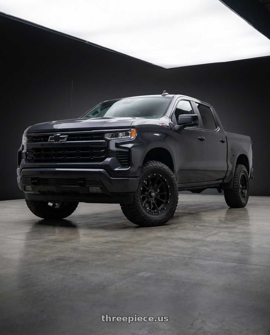 2023 Chevrolet Silverado 1500 with KMC KM100 SYNC 6X135/6X139.7 20X9 +0 SATIN BLACK wheels