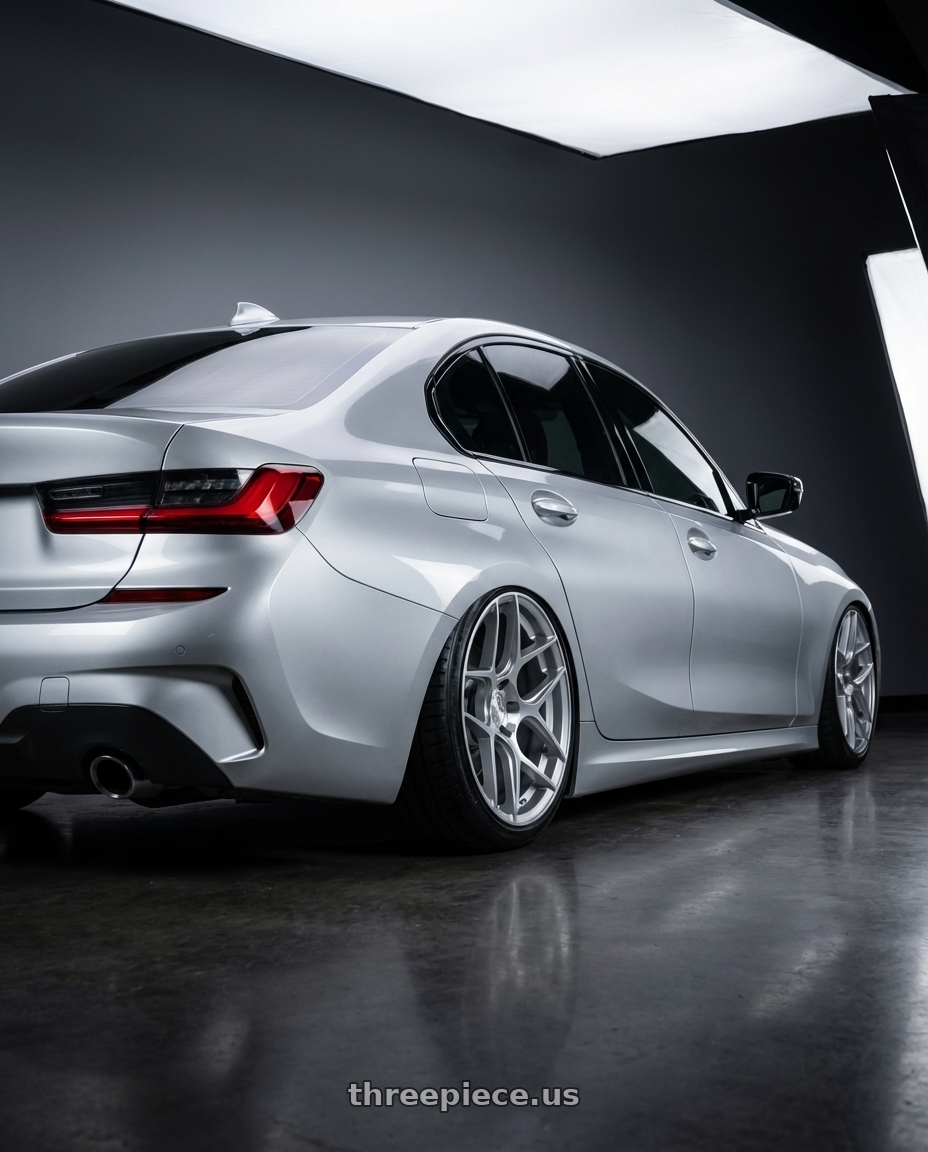 2023 BMW 3 Series G20 with Aodhan AFF2 5x112 19x9.5+35 Gloss Silver Machined Face wheels rear three quarter view slight stretch tires