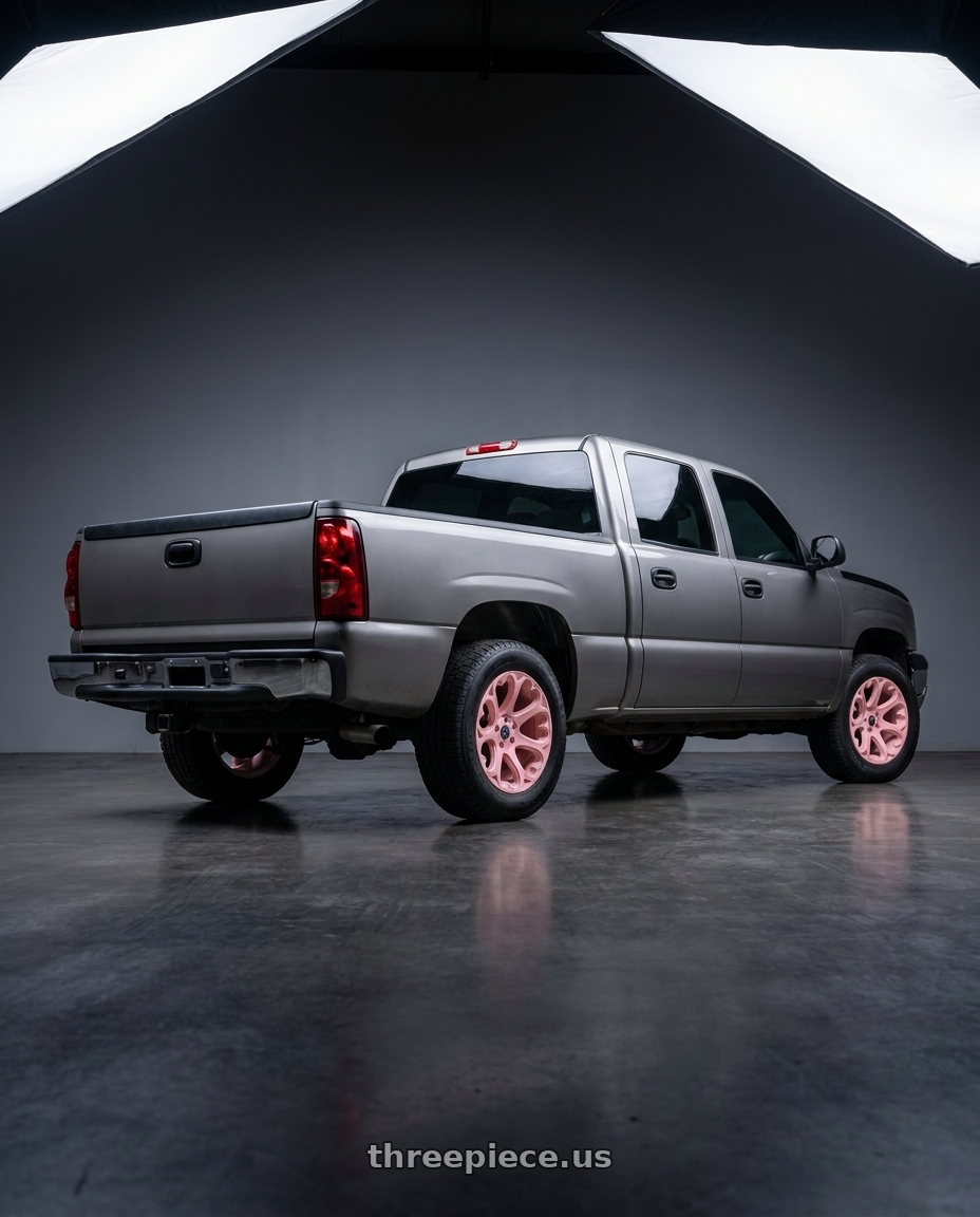 2007 Chevy Silverado 1500 grey with Heritage Wheel KOKORO 5x105 18x8.5 +35 Pink wheels rear three quarter view square tires