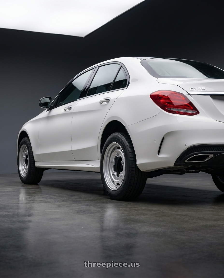 2014 W205 C250 with Mobelwagen MW520S Interceptor 5X205 15x5.5 20 Silver wheels rear three quarter view square tires