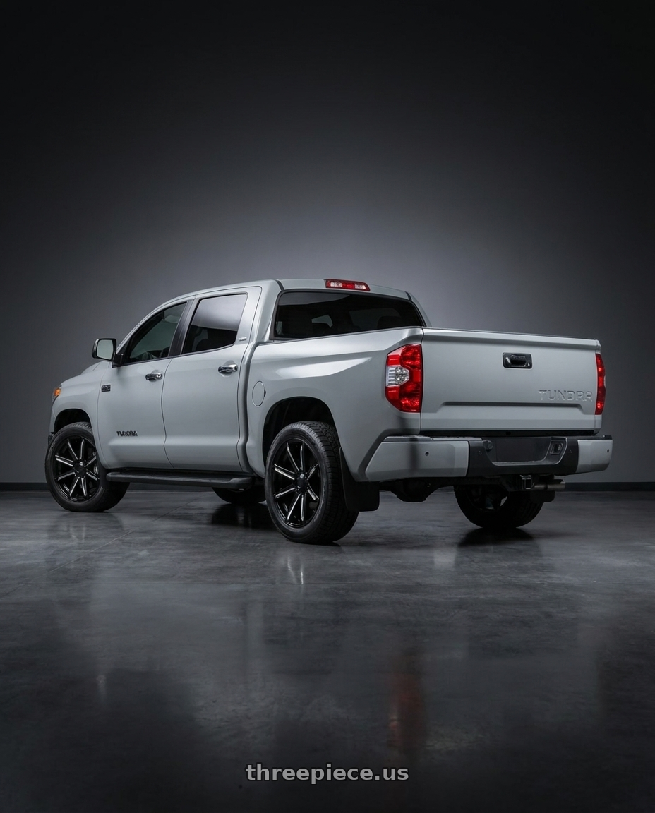 2020 Toyota tundra limited cement with Mayhem Crossfire 8109 5x150 22x9.5+25 Gloss Black Milled wheels rear three quarter view square tires