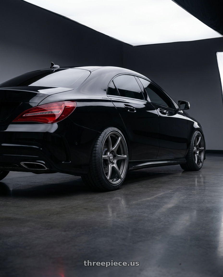 2018 Mercedes-Benz CLA C117 with Kansei K11G Tandem 5X112 19x9.5 22 Gunmetal wheels rear three quarter view square tires