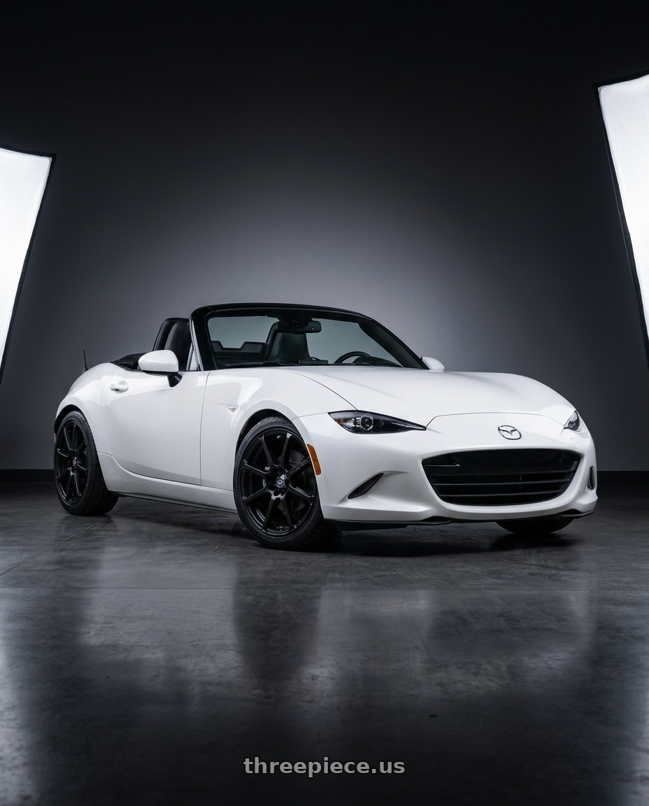 2024 Mazda MX-5 Miata with Enkei EDR9 4x100/108 17x7+38 Black wheels front three quarter view lowered stance