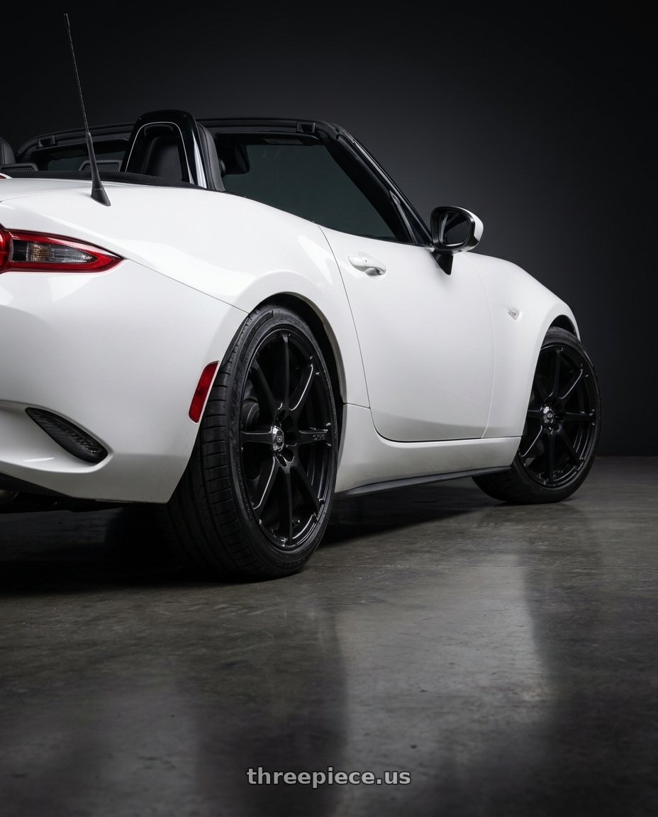 2024 Mazda MX-5 Miata with Enkei EDR9 4x100/108 17x7+38 Black wheels rear three quarter view square tires