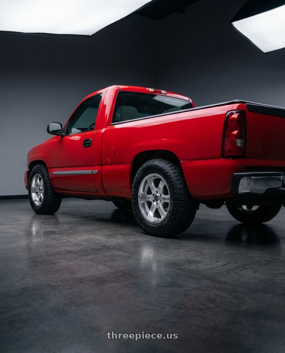 2004 gmc sierra 1500 fire with Enkei M6 6x139.7 18x8.5+10 Mirror Finish wheels rear three quarter view meaty tires
