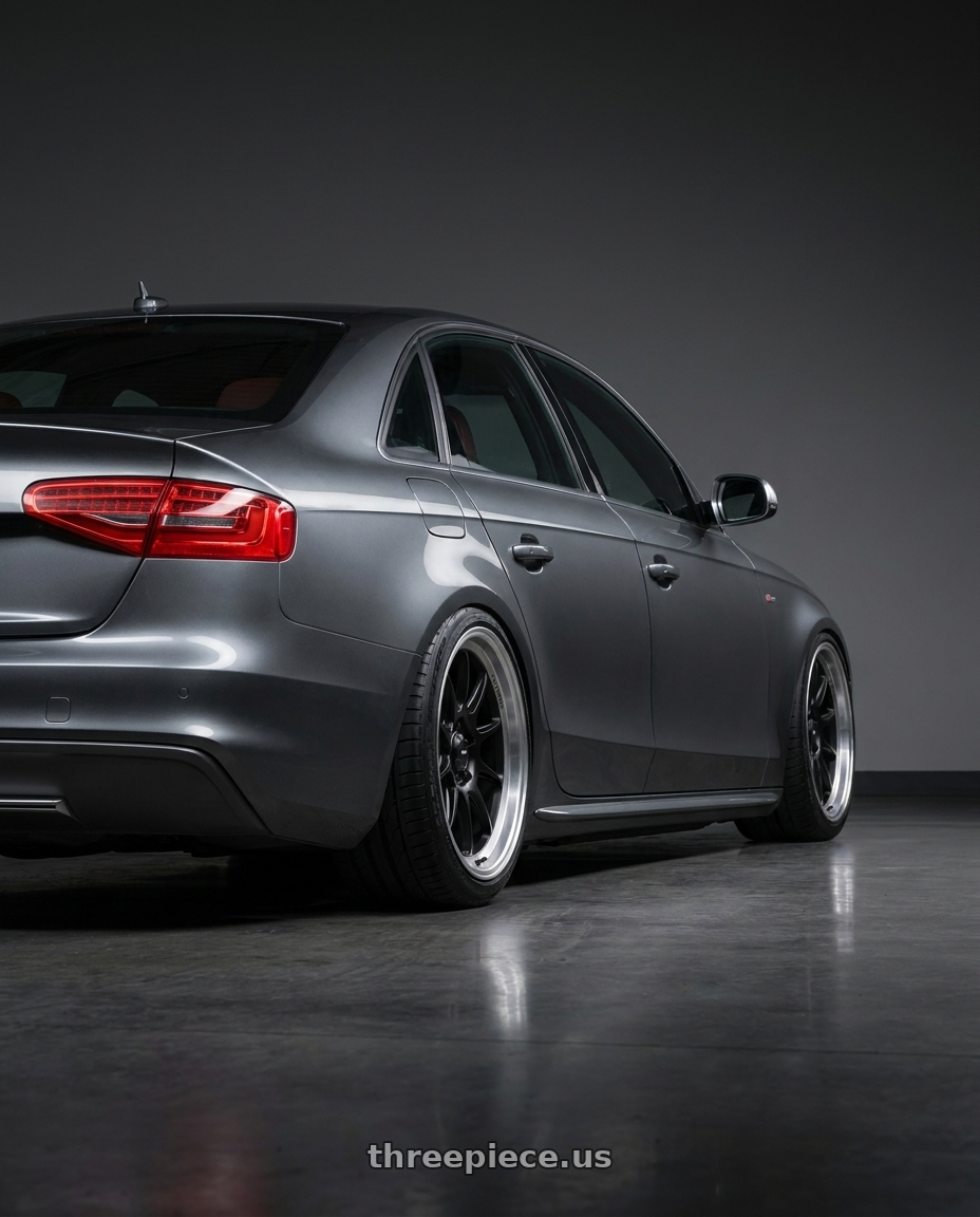 2015 Audi S4 B8.5 with Konig Countergram 5x112 19x11+40 Matte Black / Matte Machined Lip wheels rear three quarter view slight stretch tires