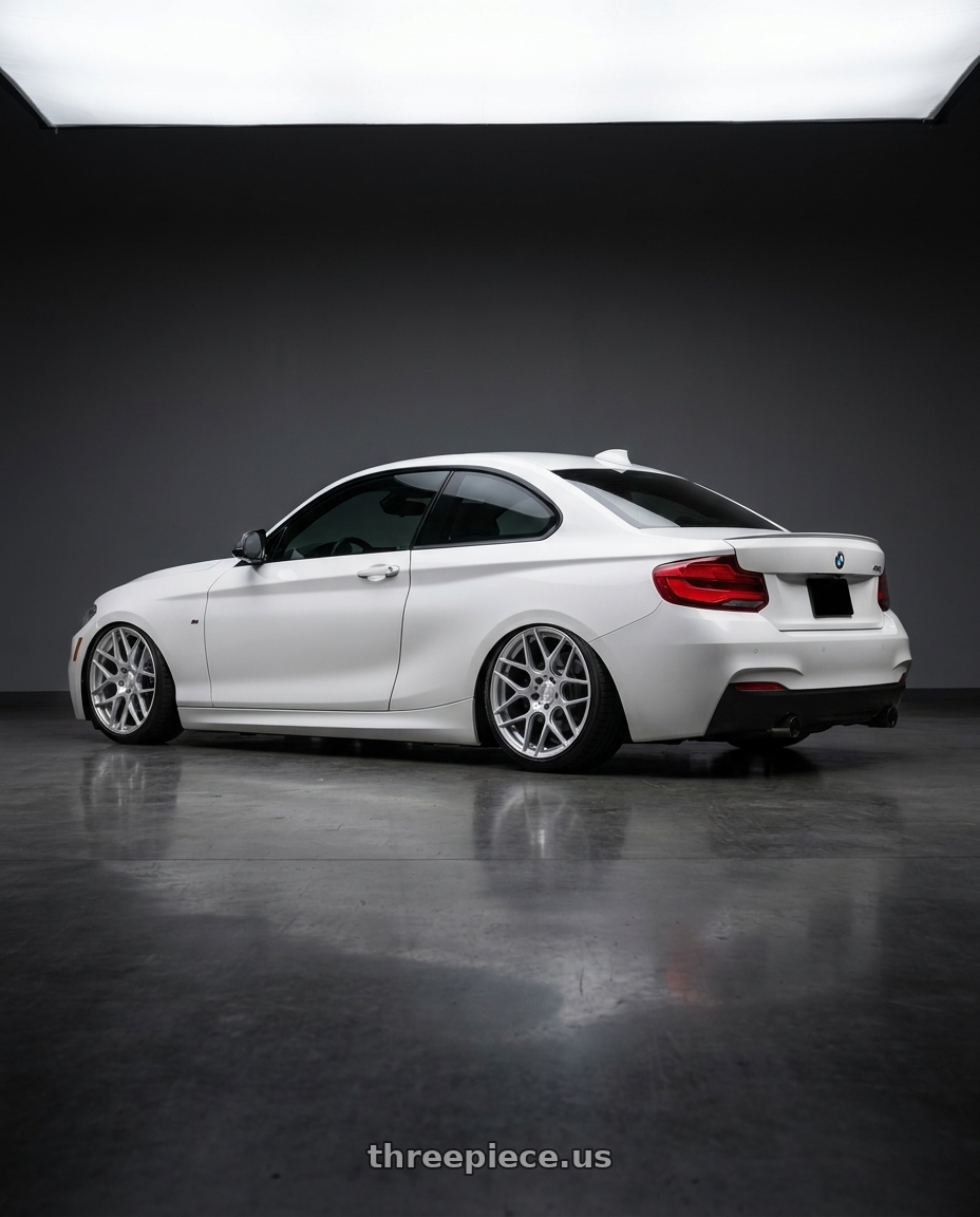 2018 BMW 2 Series F22 with Aodhan AFF2 5x120 19x9.5+35 Gloss Silver Machined Face wheels rear three quarter view slight stretch tires