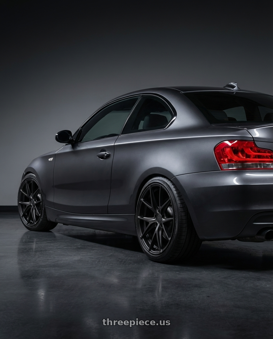 2012 BMW 1 Series E82 with Niche 1PC M117 MISANO 5X120 18X9.5 +40 MATTE BLACK wheels rear three quarter view square tires