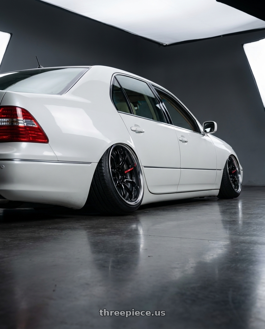 2004 lexus ls430 with Emotion ZR10 2P wheels rear three quarter view extreme stretch tires