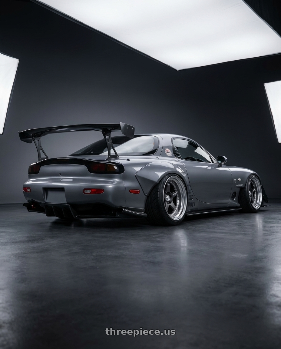 1993 Mazda RX7 with Work Meister L1 3P 5x100 18x12.5+0 A Disk Matte Gunmetal wheels rear three quarter view extreme stretch tires