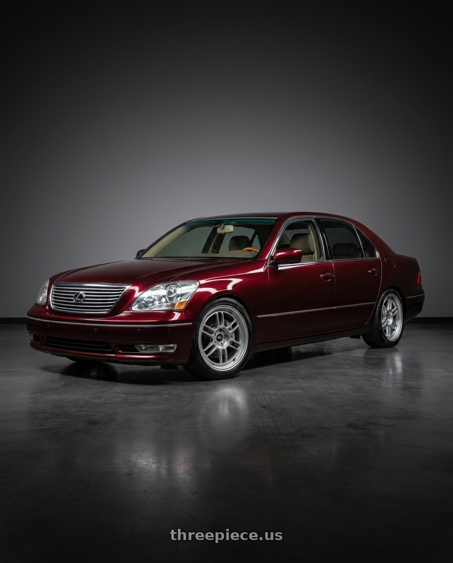 2006 Lexus LS430 with Enkei RPF1 5x100 17x8+45 Silver wheels front three quarter view lowered stance