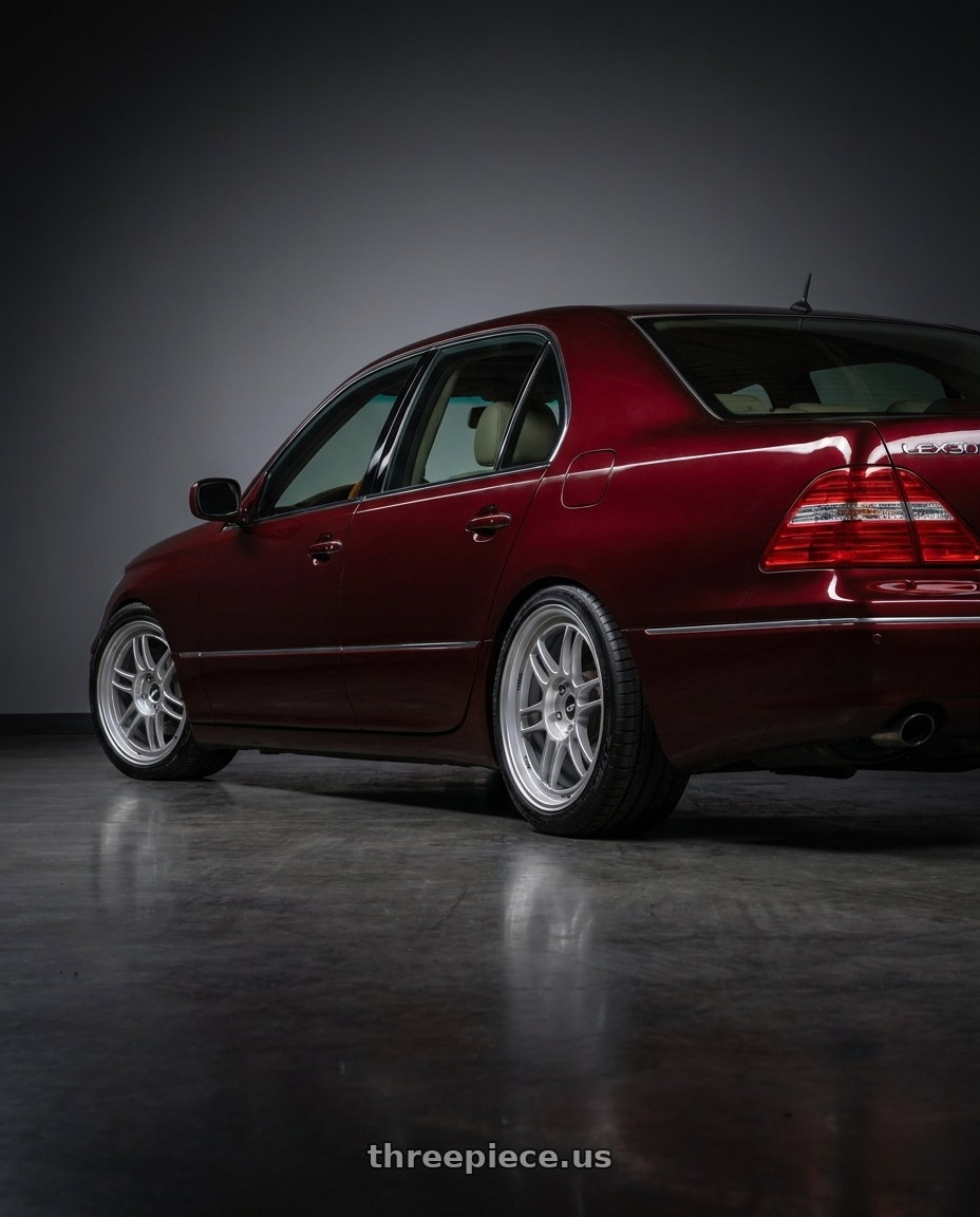2006 Lexus LS430 with Enkei RPF1 5x100 17x8+45 Silver wheels rear three quarter view square tires
