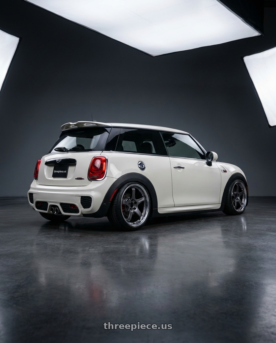 2017 mini cooper jcw with Advan Racing GT BEYOND 5x112 18x8.0 +42 RACING TITANIUM BLACK wheels rear three quarter view square tires