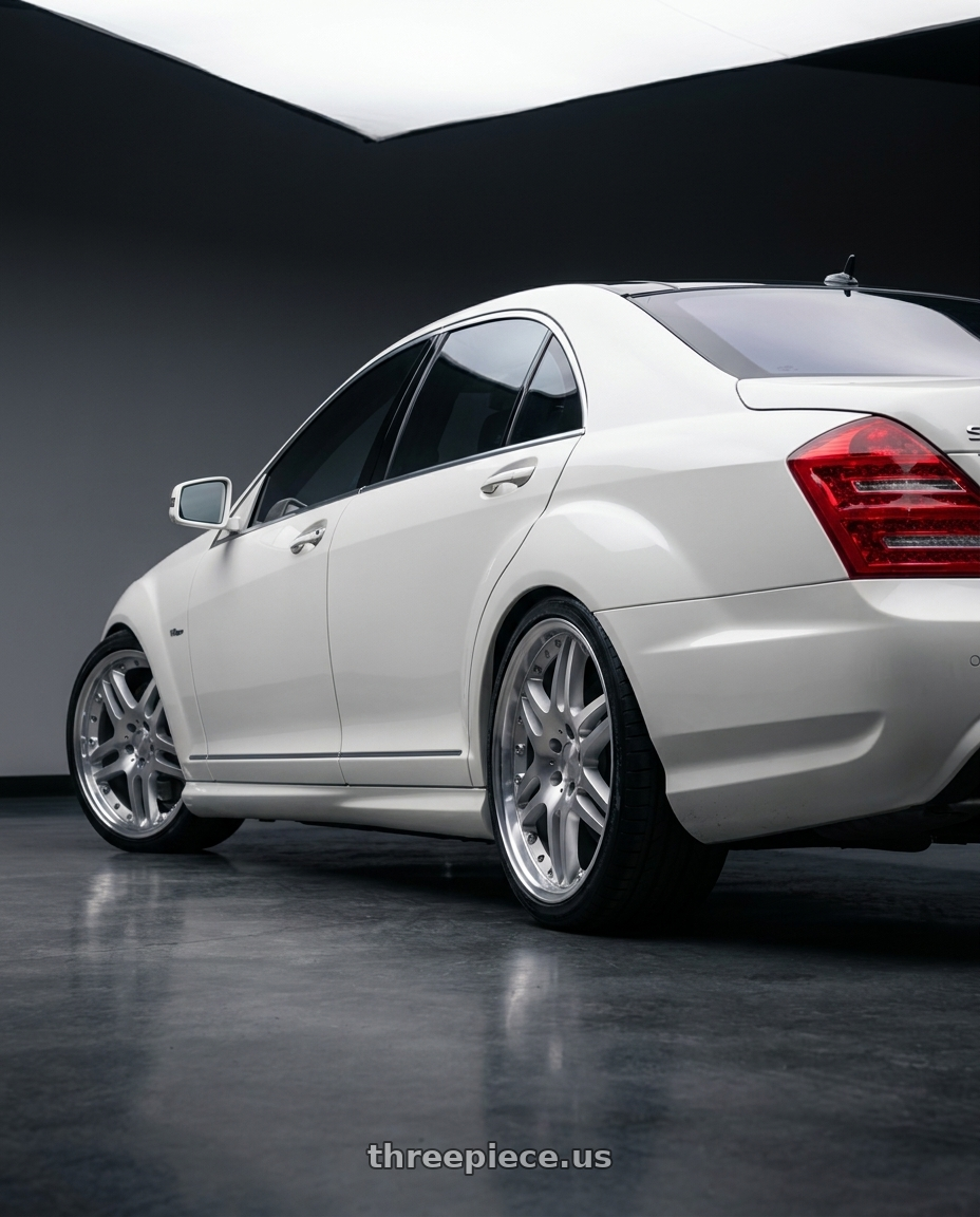 2012 Mercedes-Benz S550 with OE Wheels MB09 5x112 18x8.5+35 Gloss Silver Machined wheels rear three quarter view square tires