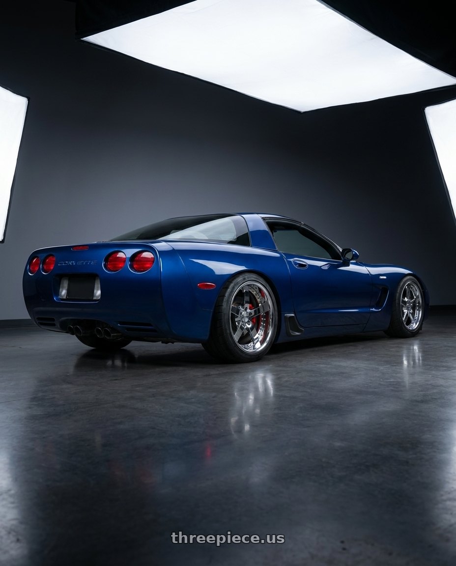 2003 Chevy Corvette Z06 Laguna with Work Equip E05 5x108 19x10.5+10 r disk 3d Chrome wheels rear three quarter view slight stretch tires