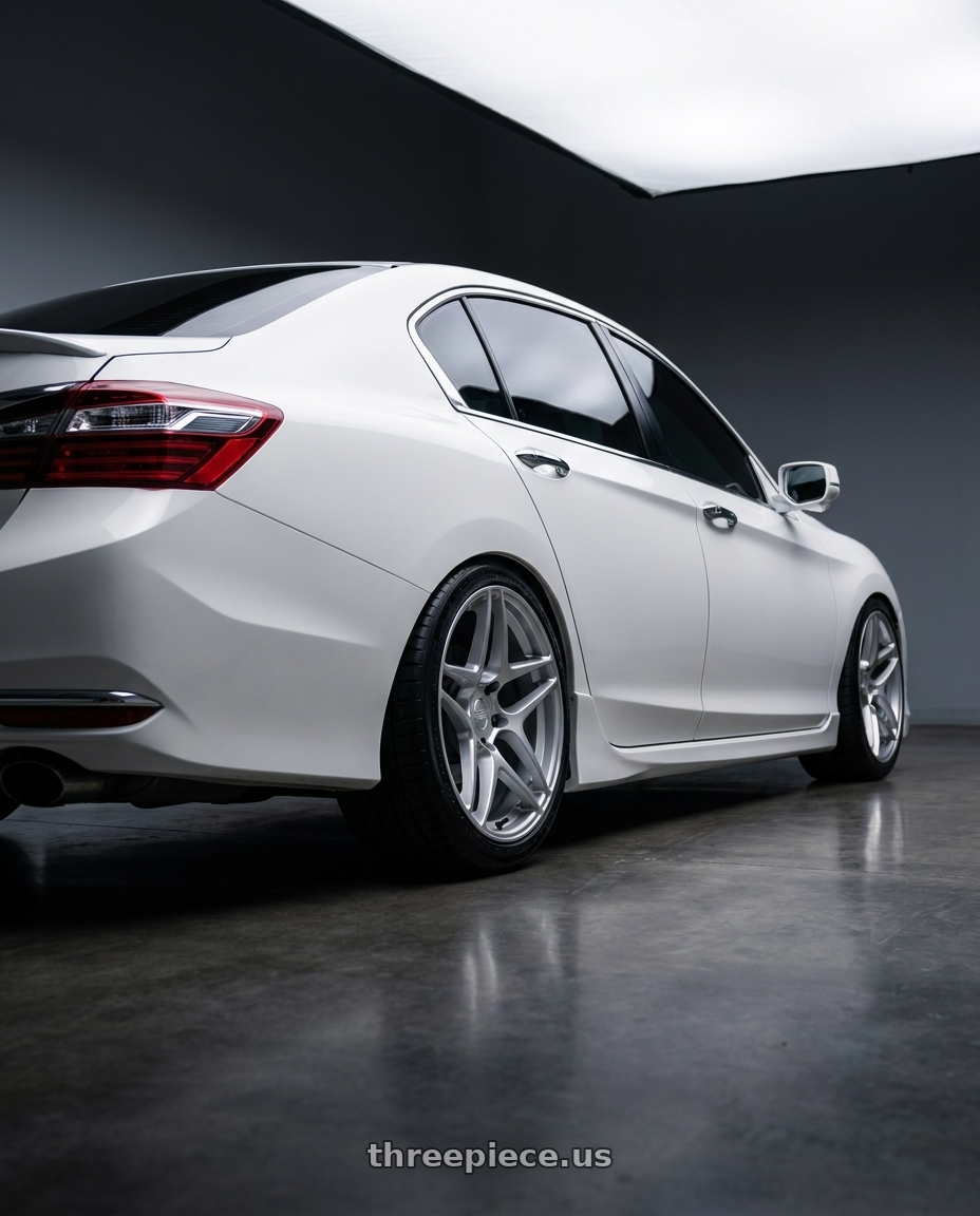 2016 Honda accord with Kansei K15H Astro 5x114.3 18x9.5 35 Hyper Silver wheels rear three quarter view square tires