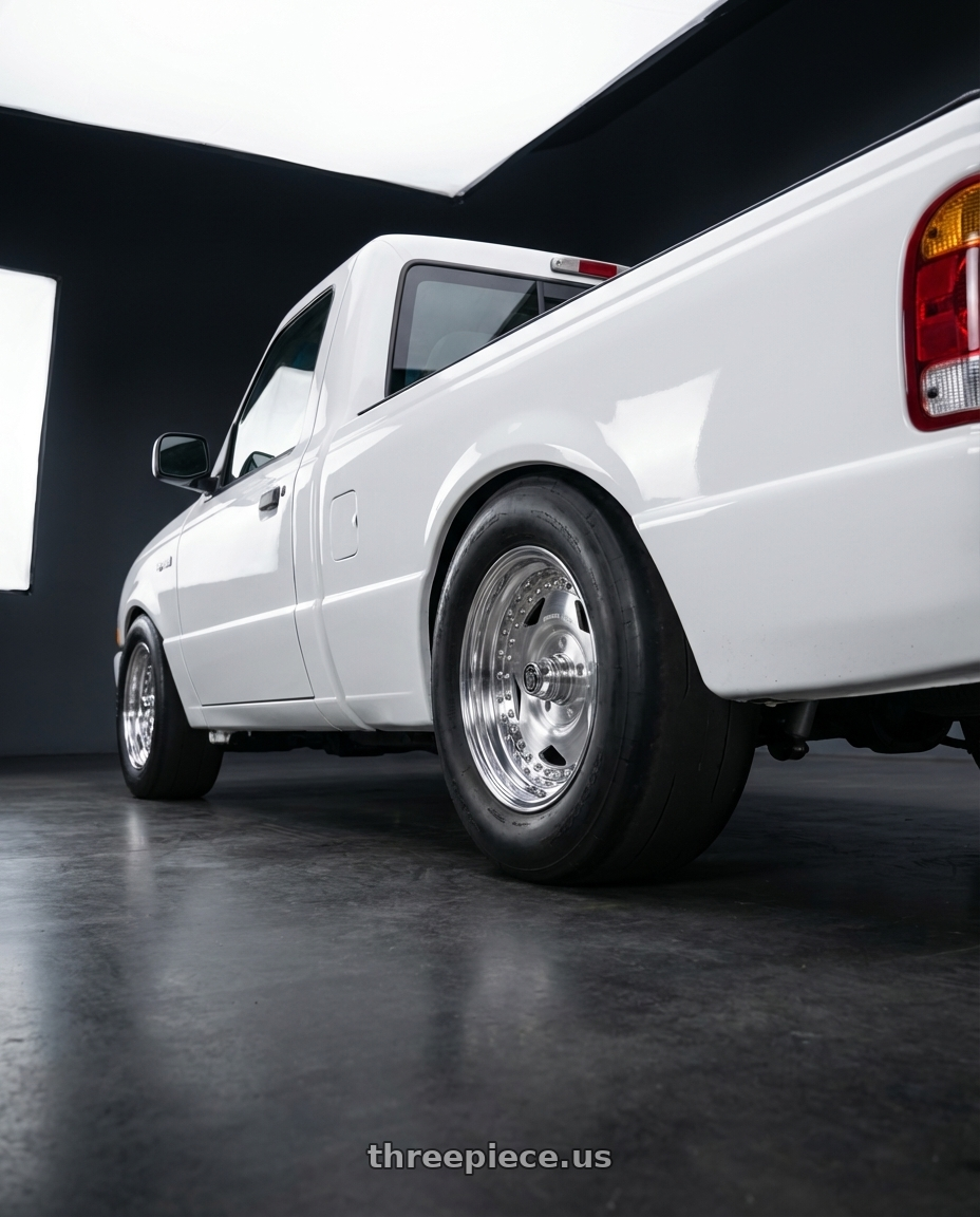 2000 Ford Ranger with Center Line Convo Pro 2.0 5X114.3 15x10 -12 Polished wheels rear three quarter view excessive tires