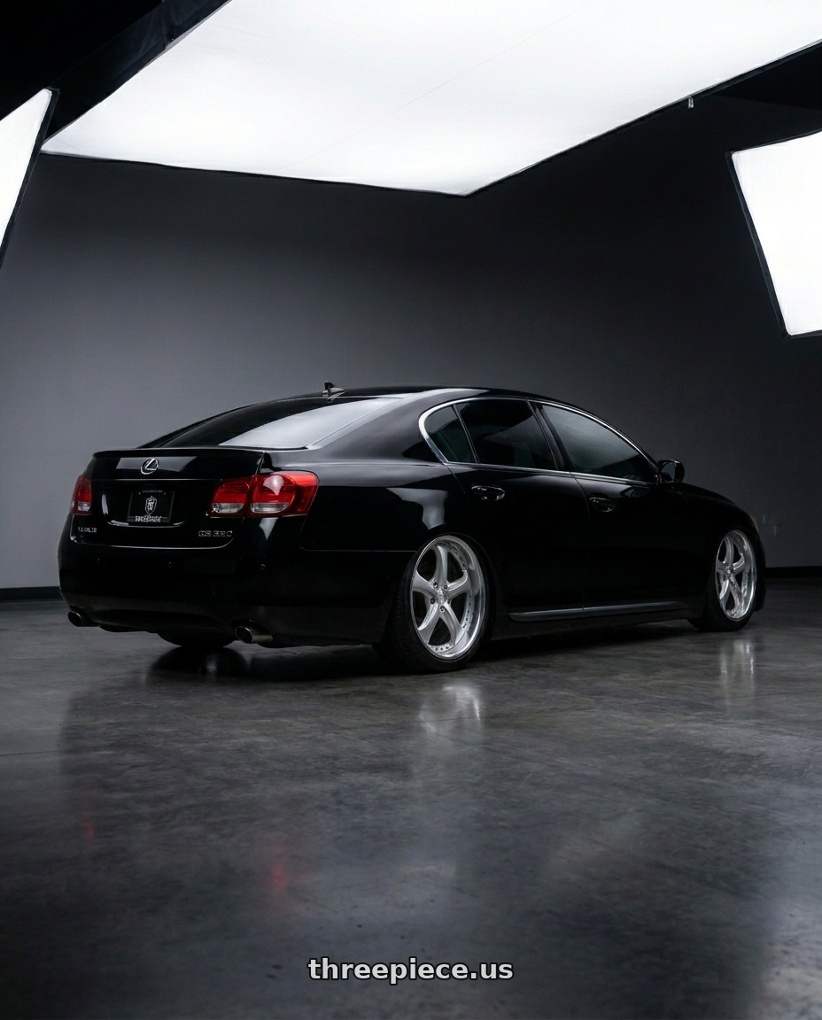 2007 Lexus gs 350 with Rotiform 1PC R140 RSE 5X114.3/5X120 18X9.5 +35 GLOSS SILVER wheels rear three quarter view slight stretch tires