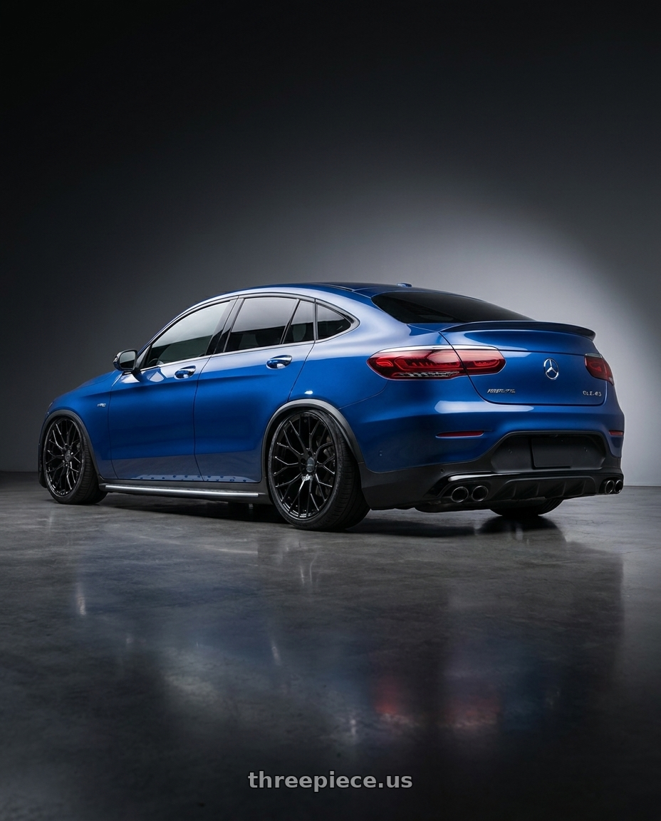 2021 Glc 43 coupe amg with Petrol P2B 4X114.3 16X7 +40 GLOSS BLACK wheels rear three quarter view slight stretch tires