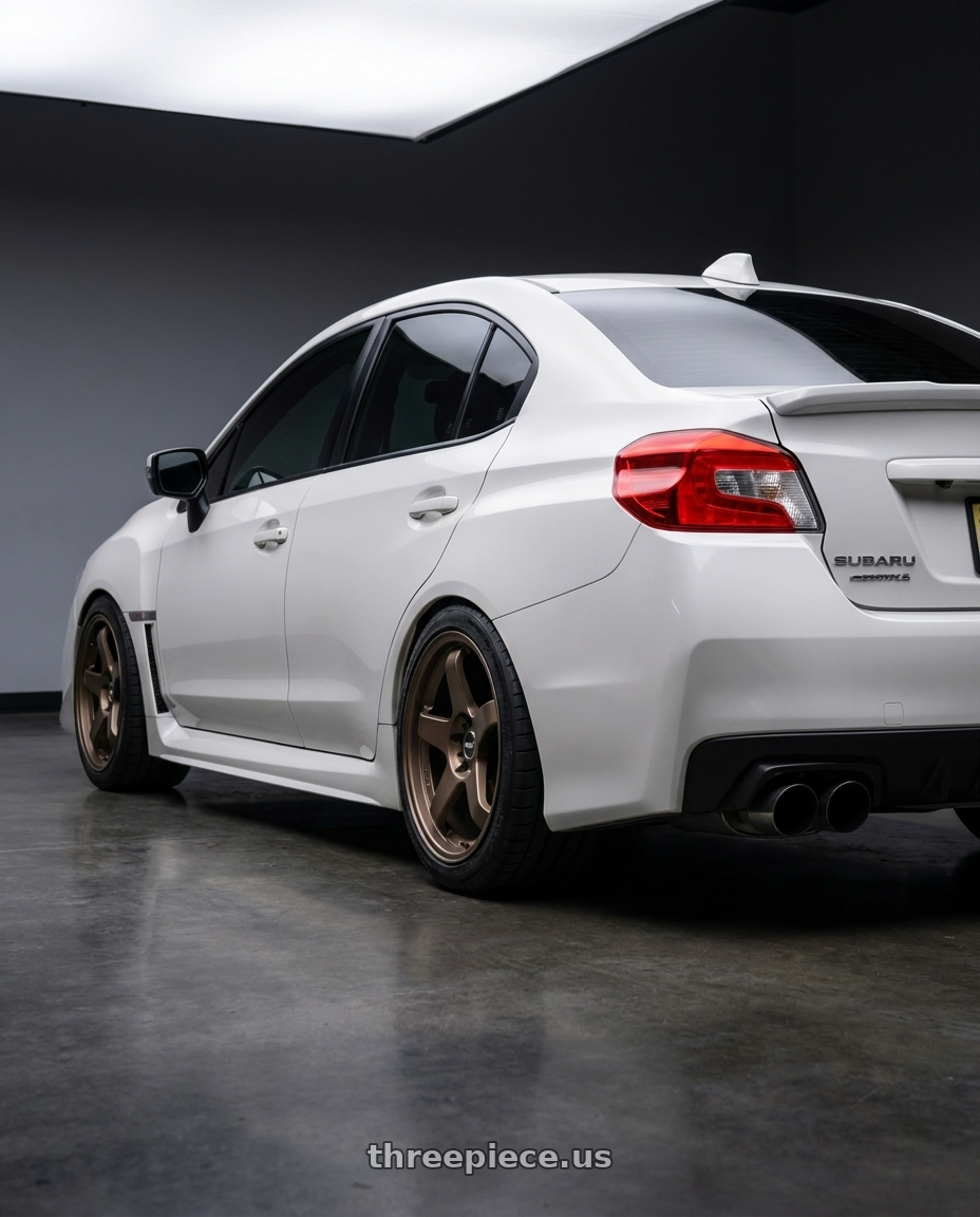 2017 Subaru WRX Limited, Crystal Pearl White with Ns Wheels NS-M01 5x114.3 18x8.5 +35 Bronze wheels rear three quarter view square tires