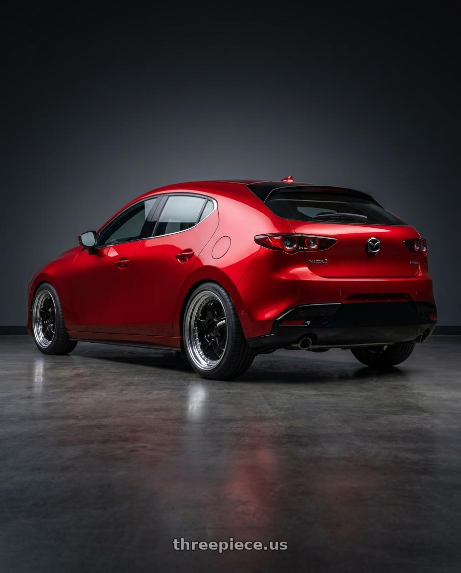 2024 Mazda 3 with Work Meister S1 3P 5x100 18x8.5+67 A Disk Black wheels rear three quarter view slight stretch tires