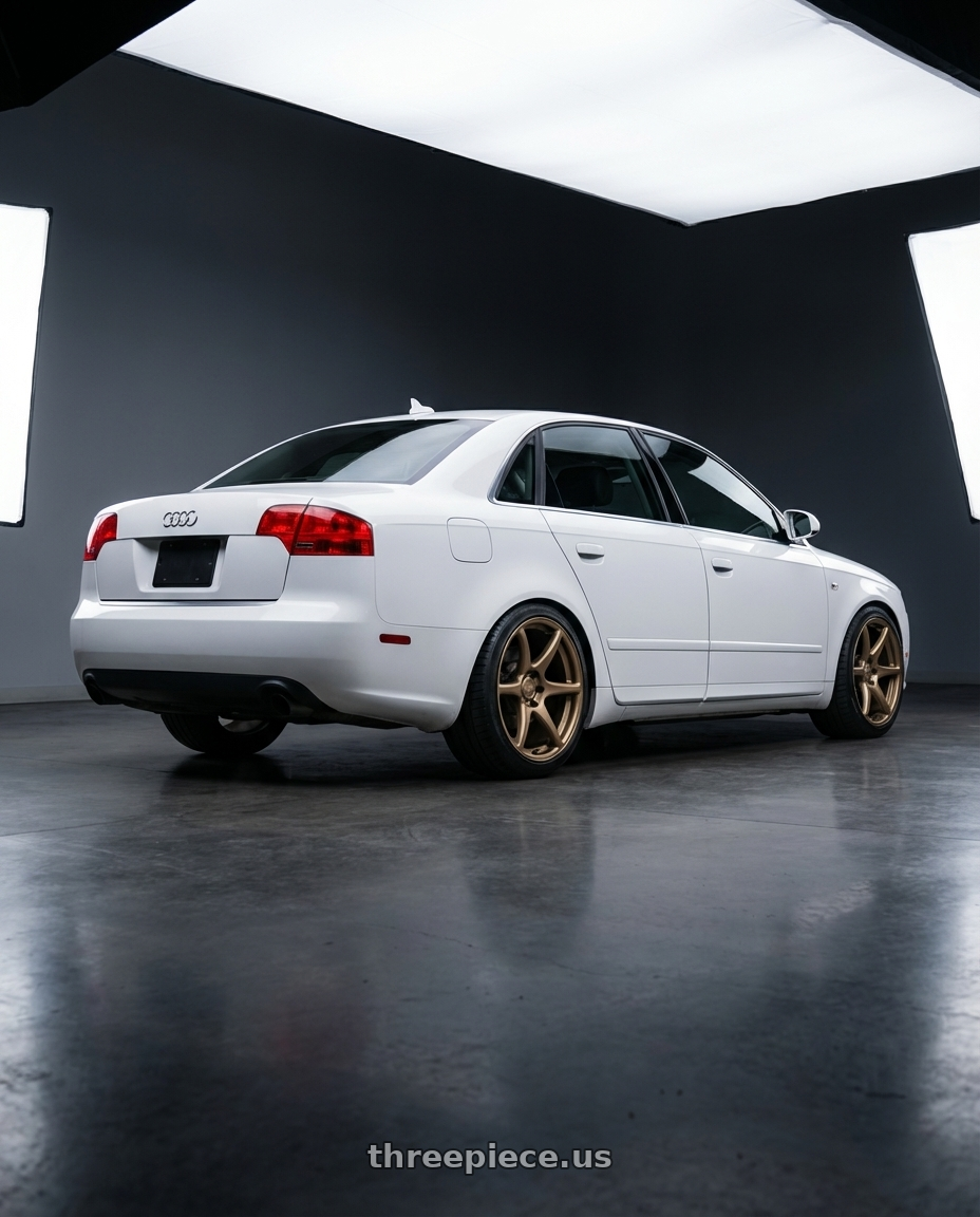 2010 Audi A4 B7 with Kansei K11B Tandem 5X112 18x8.5 35 Bronze wheels rear three quarter view square tires