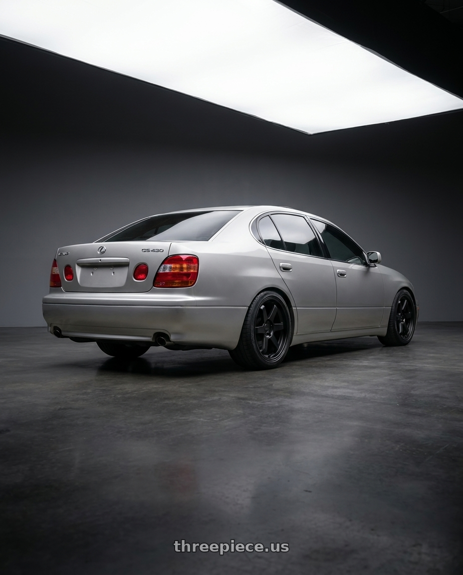 2002 lexus gs430 with KATANA RACING KR08 5x114.3 18x8 +40 Matte Black wheels rear three quarter view square tires