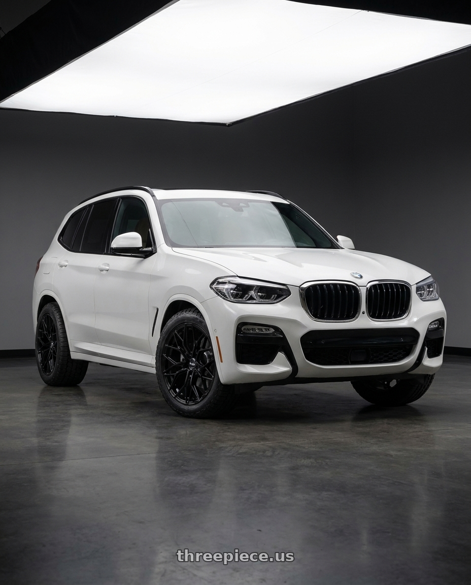 2019 BMW X3 with F1R FS3 5x112 20x9 +35 Gloss Black wheels front three quarter view stock stance