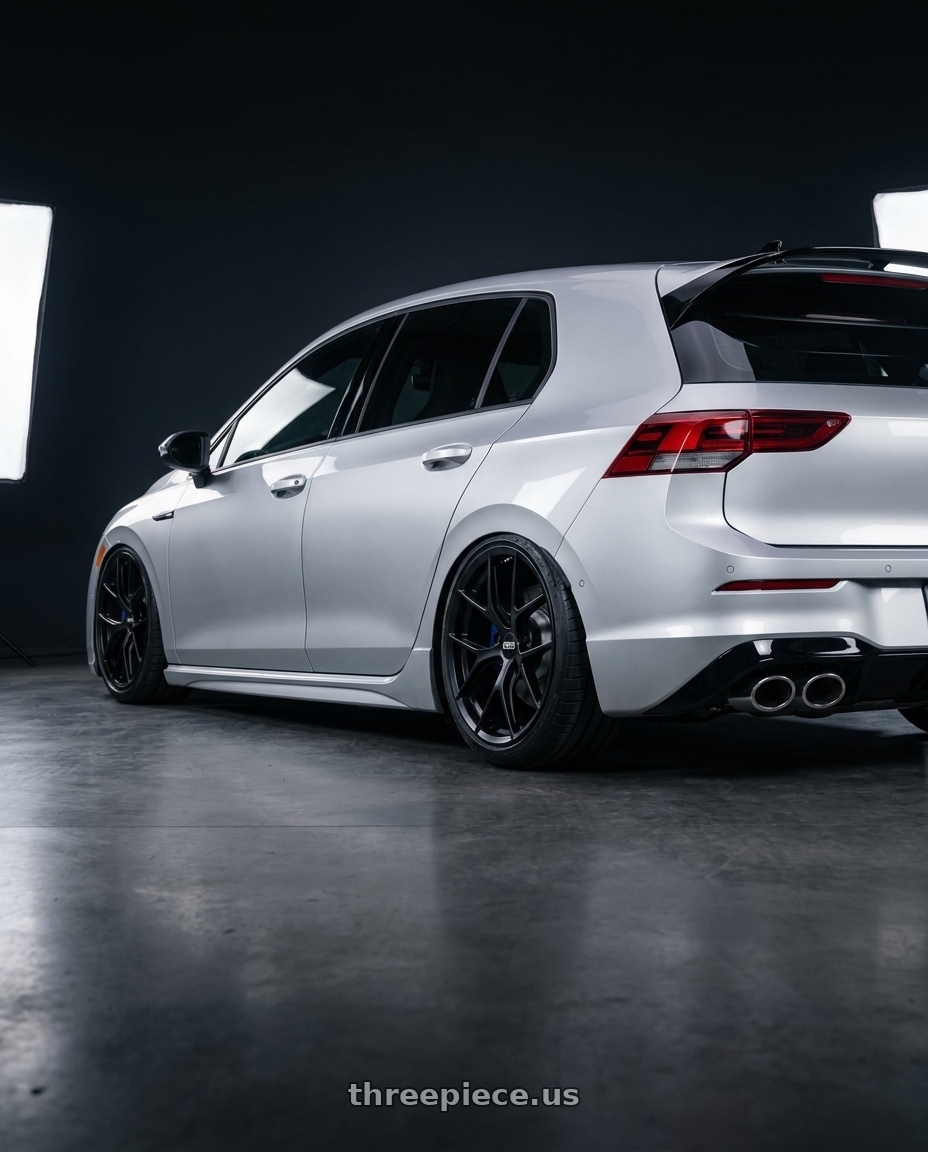 2024 Volkswagen Golf R MK8 with BBS FI-R Evo 5x112 19x9.5+15 Satin Black wheels rear three quarter view slight stretch tires