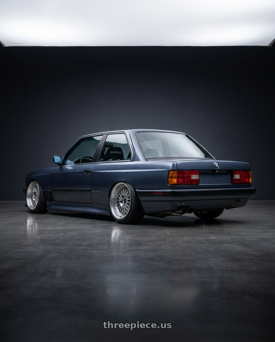 1989 BMW 325i with Work Emotion Cr Kiwami 5x100 17x9 +17 Gt Silver wheels rear three quarter view slight stretch tires