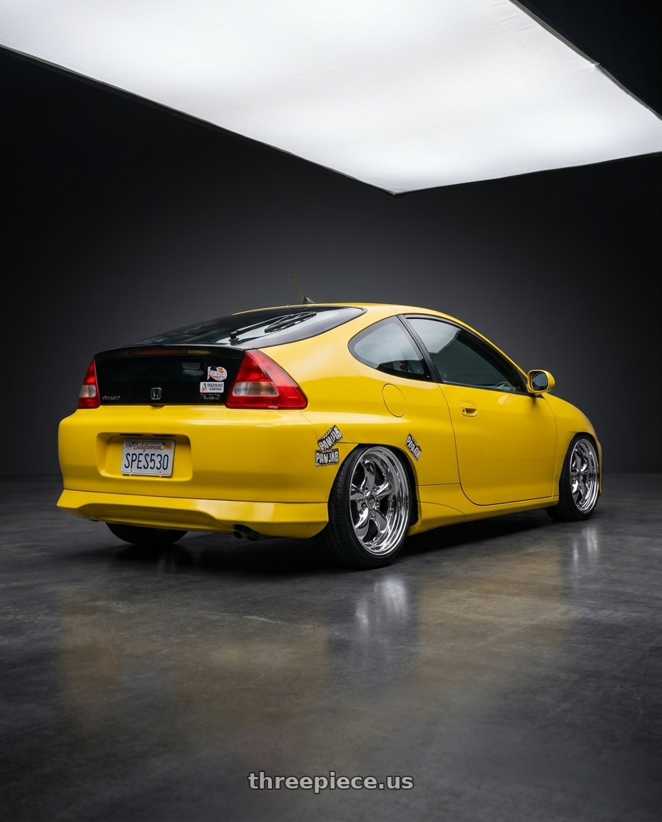2001 Honda insight  with Work Goocars Hemi 4x100 15x6.5+35 A Disk Bright Buff Finish wheels rear three quarter view slight stretch tires
