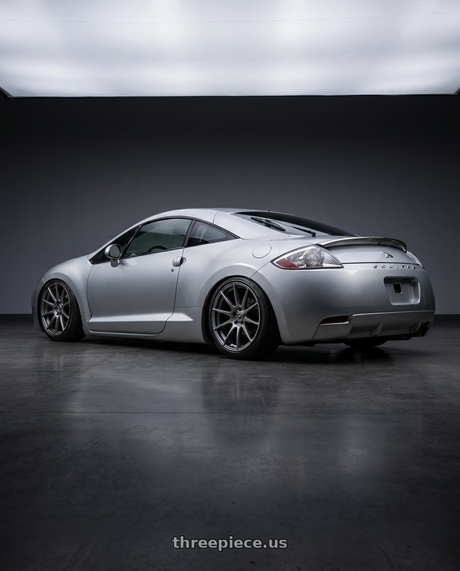2010 Mitsubishi Eclipse with Forgestar CF10 5x114.3 19x10 +42 Gloss Anthracite wheels rear three quarter view slight stretch tires